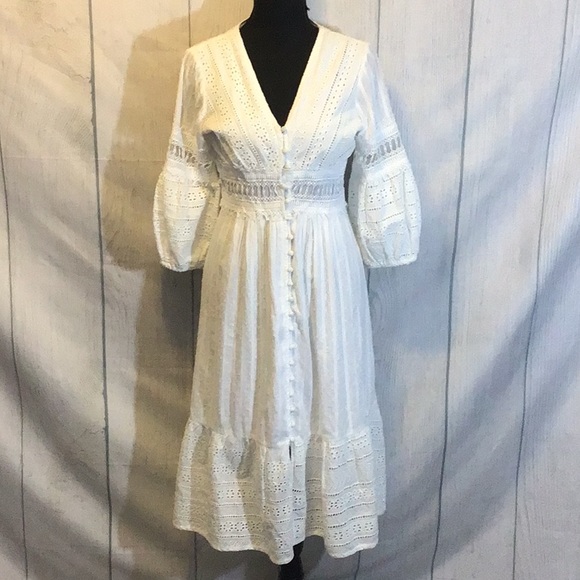 Anthropologie Ebba Midi White Eyelet Dress Size 8 Petite - Picture 3 of 16